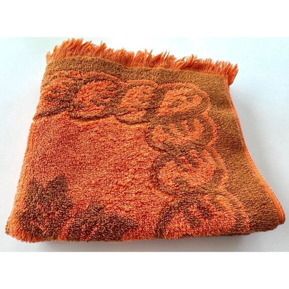 Vintage 70s small bath towel, orange & brown, plush, reversible, fringed - Picture 7 of 9